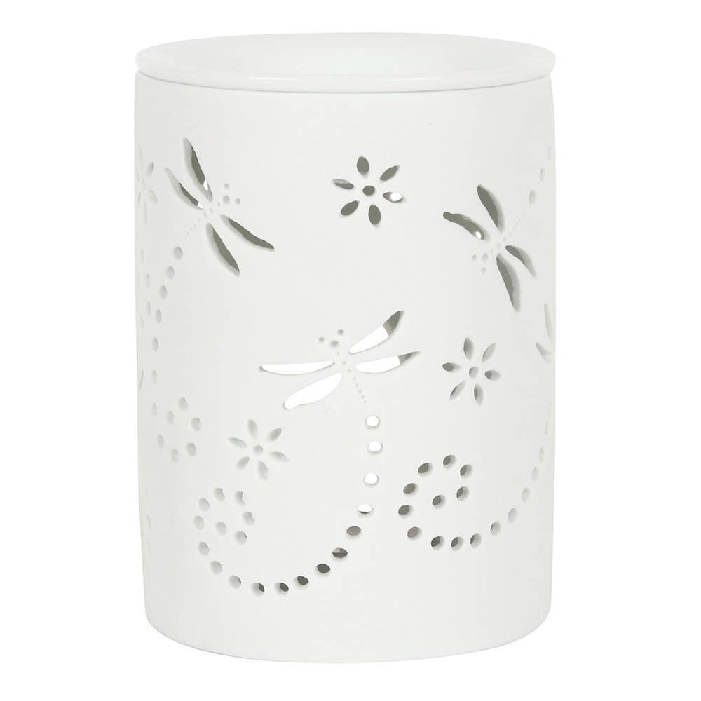 Brûleur en céramique blanche avec découpe de libellules