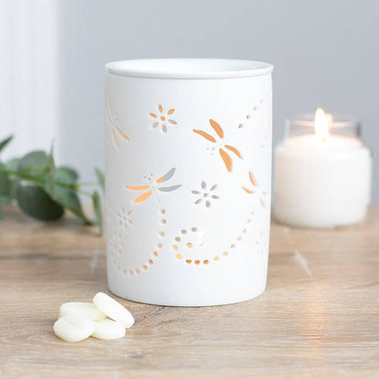 Brûleur en céramique blanche avec découpe de libellules